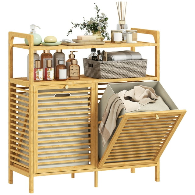 HOMCOM Double Tilt Out Laundry Hamper, Bamboo Laundry Cabinet, Natural