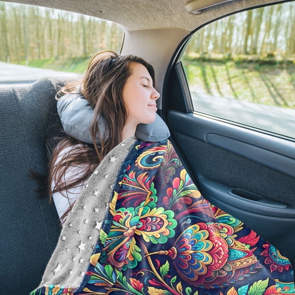 Paisley Flowers Leaves Travel Blanket Pillow Compact Foldable Airplane Throw Blanket with Trolley Sleeve for Travel Camping