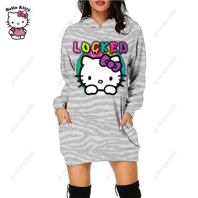 Nouveau Chandail à Capuchon Léopard Hello Kitty Femme Simple Col Rond Polyvalent Chandail Long Bureau Décontracté Ample Chandails à Capuchon Robe d'Automne