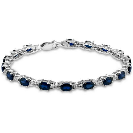 Created Blue and White Sapphire Sterling Silver Oval Tennis Bracelet, 7.5