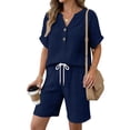 thumbnail image 2 of akafmk Summer Outfits for Women 2 Piece V Neck Button Short Sleeve Top and Drawstring Shorts Soft Casual Outfit, 2 of 6