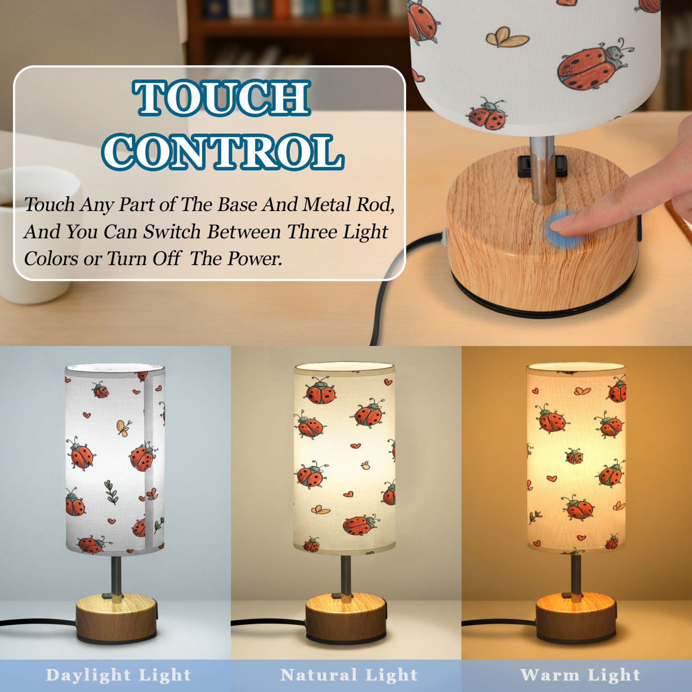 Touch-Control 3-Color Desk Lamp with Plug – Energy-Saving LED + 3 Simultaneous Charging Ports Ladybugs Pattern