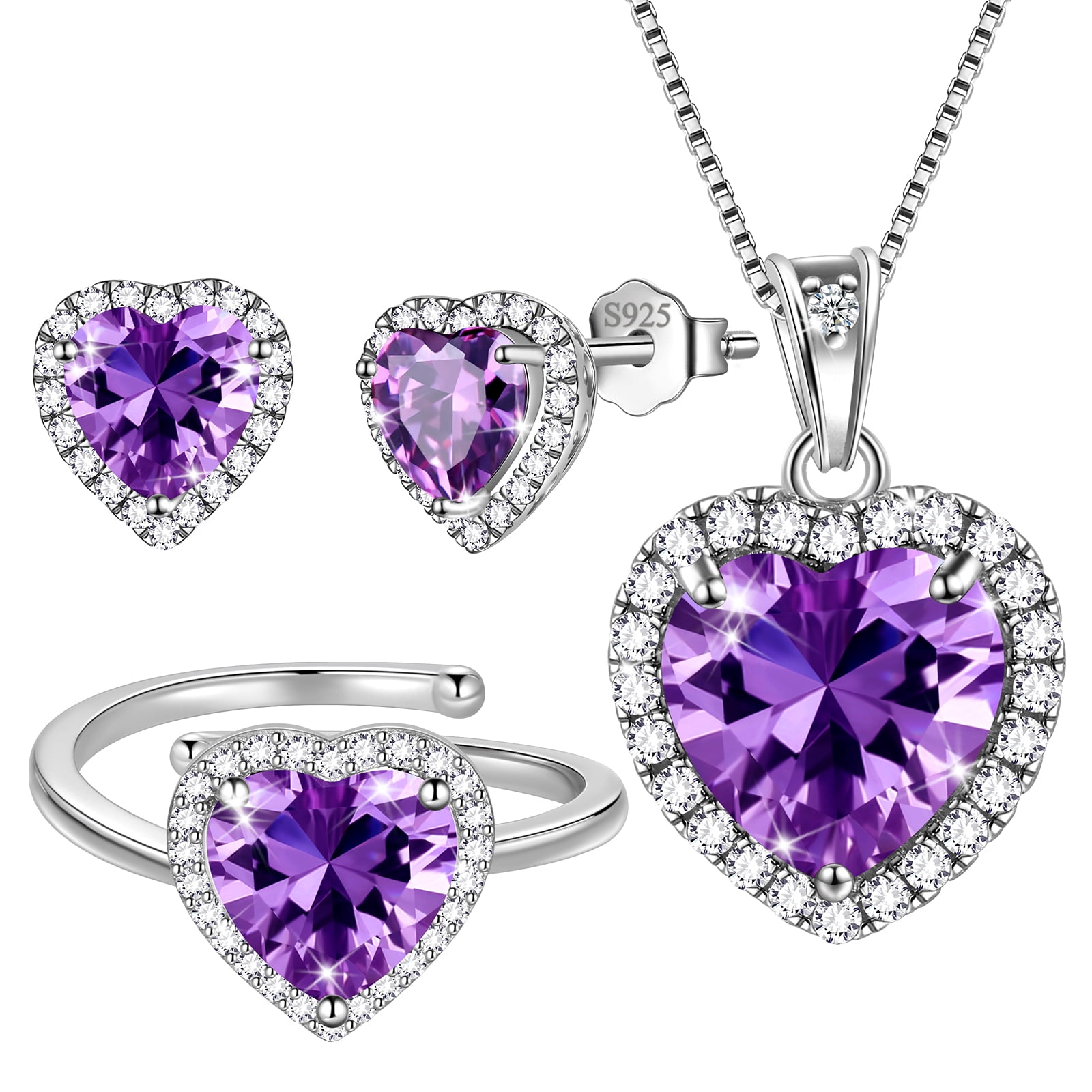 Juwaliy Women Heart Jewelry Set Necklace Earrings Ring 925 Sterling Silver February Birthstone Amethyst Wife Mother Birthday Valentine's Day Gift
