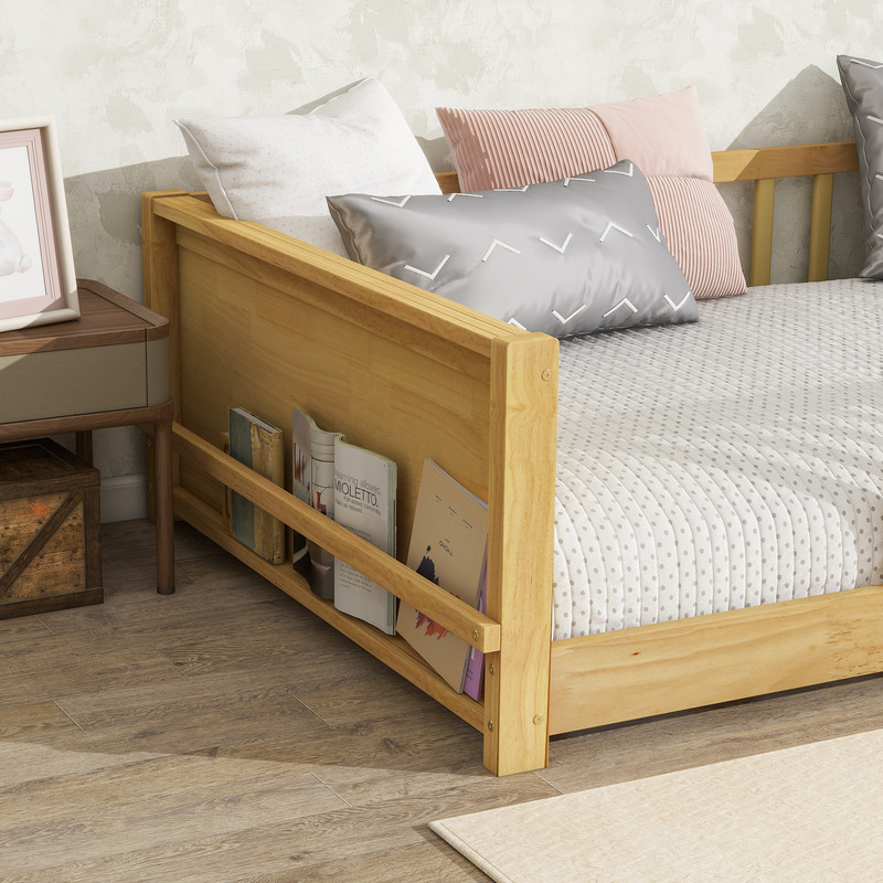 Mirightone Twin Size Floor Bed with Rails, Wood Montessori Floor Bed with Storage Bookcase, Montessori Bed Frame with Fence, Natural