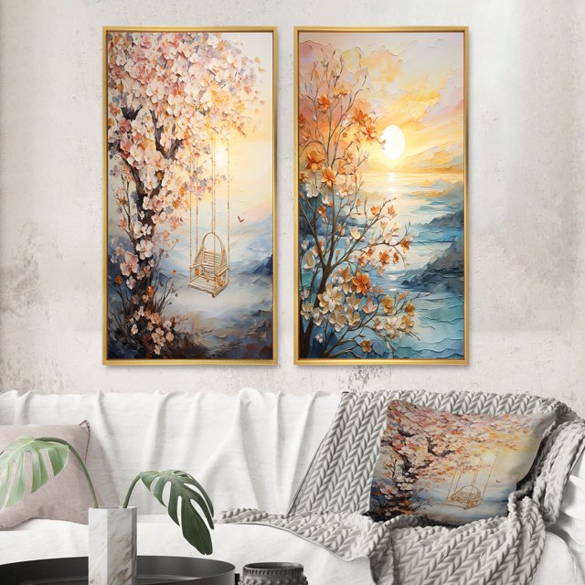 Designart "Bold Sunrise magic Renewal II" Sunrisesunset Framed Wall Art Set Of 2 - Yellow Landscapes Frame Gallery Set For Office Decor