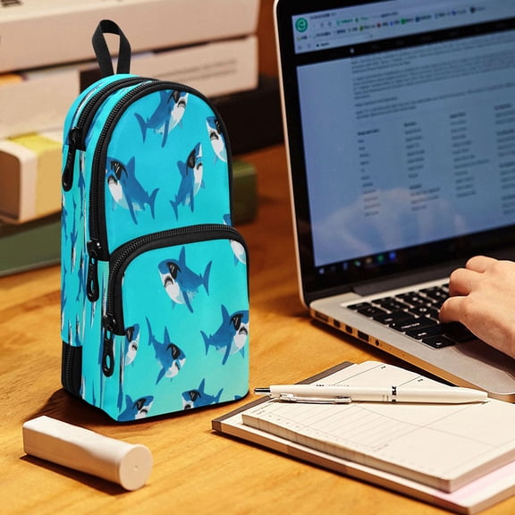Backpack Pencil Case, 3 Compartment Large Capacity Oxford Fabric Pencil Pouch / Stylish Shark in Sunglasses Design