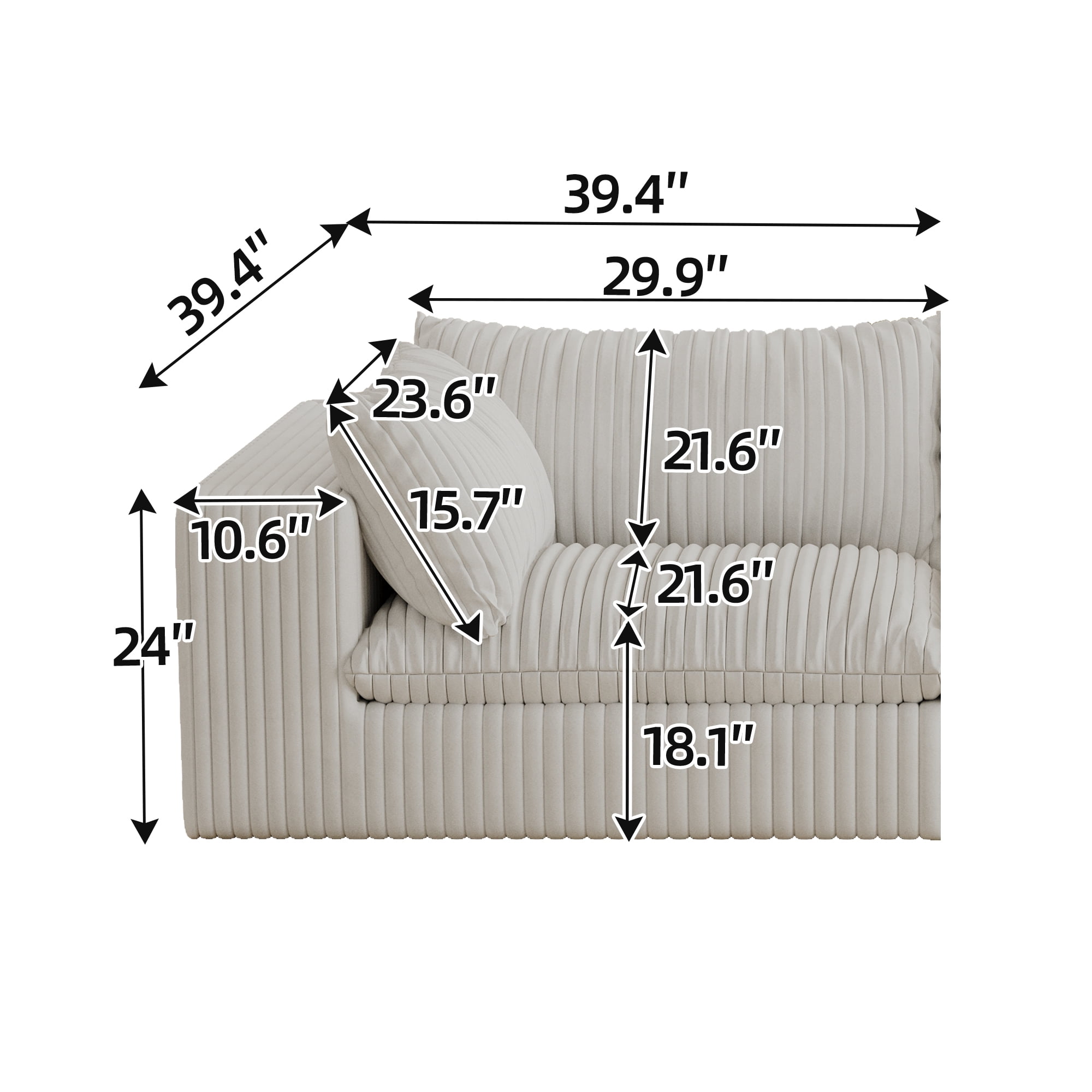 MAYEERTY Cloud Sofa White Corduroy Deep Seat Double-Layer Removable Cushion No Assembly Multi-Rooms