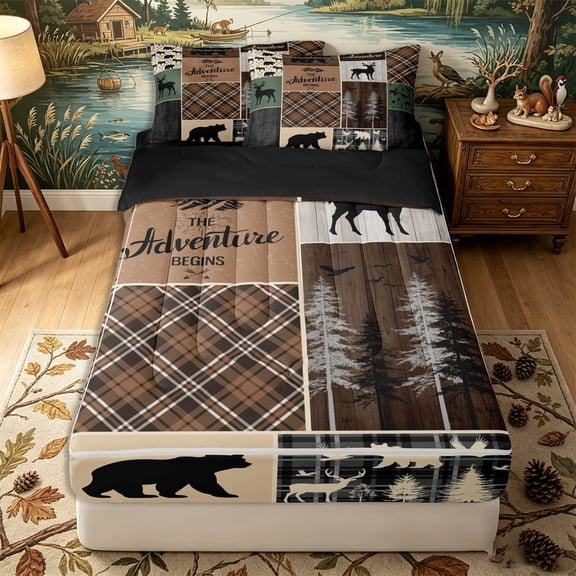 Erosebridal Rustic Cabin Pattern Zipper Twin Comforter Sets with Fitted Sheet and 2 Pillowcases,Wildlife Silhouette Print Zipper Bedding Set,Brown Black Sage Green,Black Reversible
