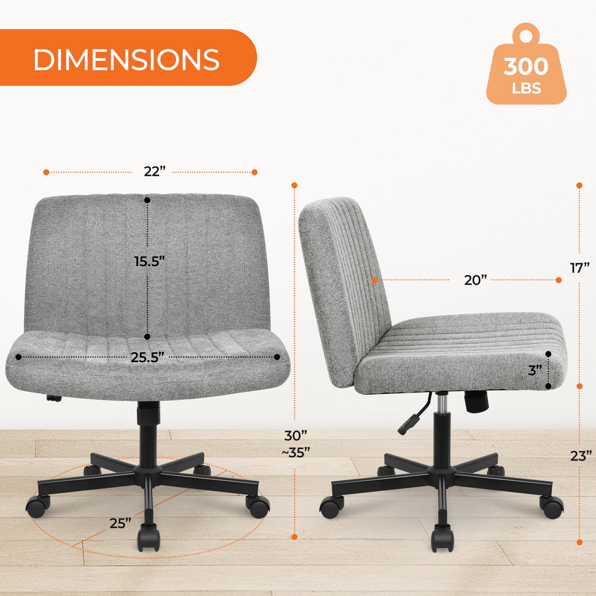 NEO CHAIR Criss Cross Legged Office Desk Vanity Armless Chair with Wheels Swivel, Gray