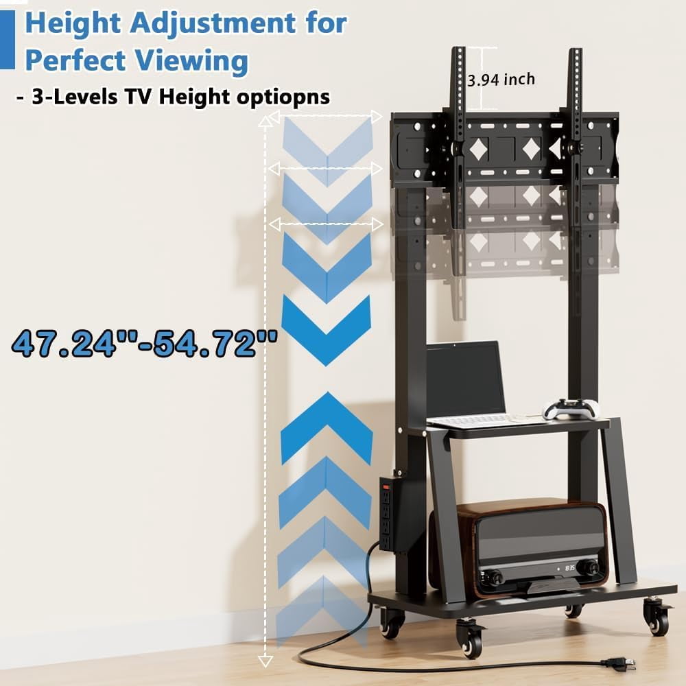 Mobile TV Cart with Power Outlet, Rolling TV Stand on Wheels for 32-75 inch Television, Height Adjustable, 15 °   Viewing Angle,  130LBS, Vesa 600x400