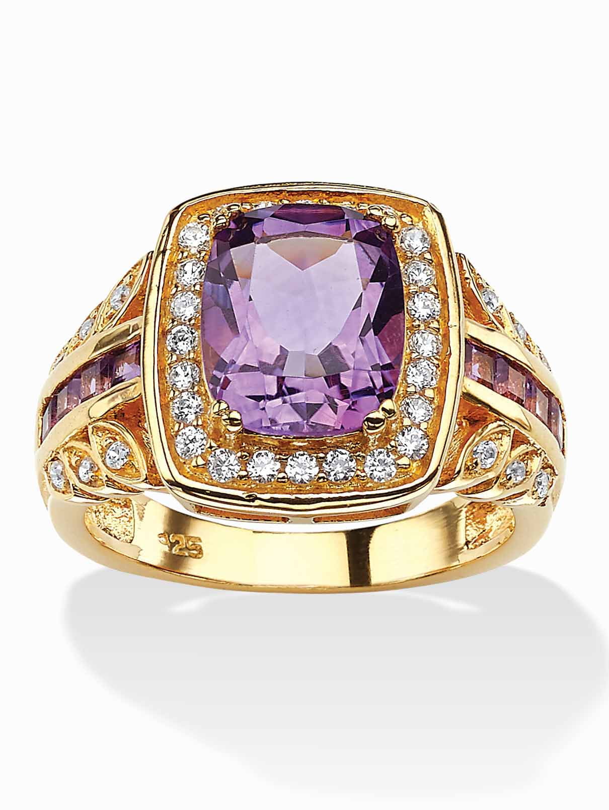 PalmBeach Jewelry 3.86 TCW CushionCut Genuine Purple Amethyst and CZ Halo Ring in 14k Gold