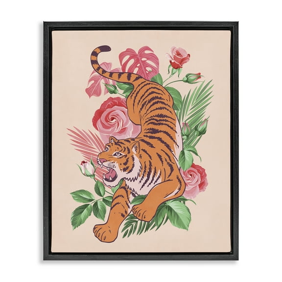 Stupell Industries Tiger & Tropical Roses Animals Painting Black Floater Framed Canvas Art Print Wall Art, 17 x 21