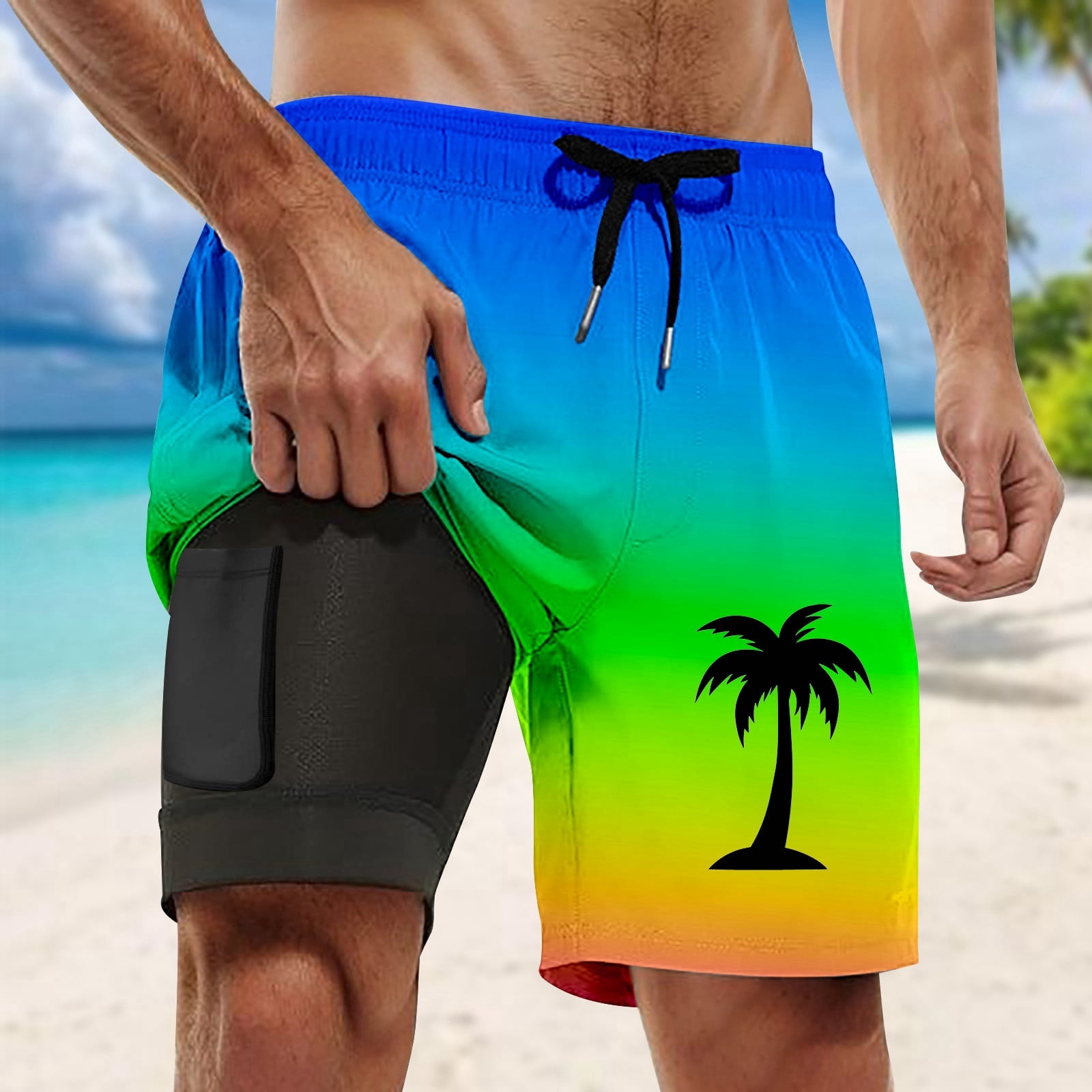 Men'S Swim Trunks Animal Print Short Sleeved T Shirt Capybara Mental State Beach Essentials for Men,Blue,2XL