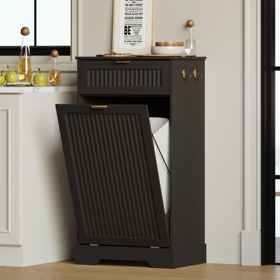 Kitchen Trash Can Cabinet, Single Hidden Tilt Out Trash Bin Storage, Wooden Fluted Garbage Sideboard Organizer, Modern Farmhouse Storage Cabinet For Dining Room Kitchen, Black
