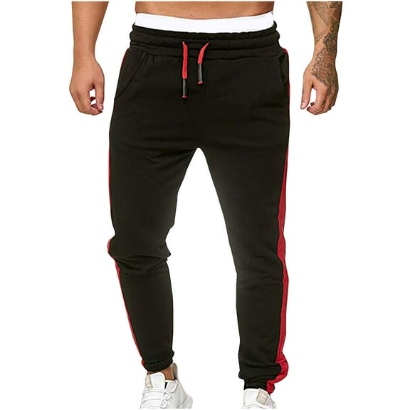HomeGardon Mens Pants Men's Drawstring Jogging Pants Casual Patchwork Elastic Waist Multi Pocket Fitness Sports Pants Black,M-3XL