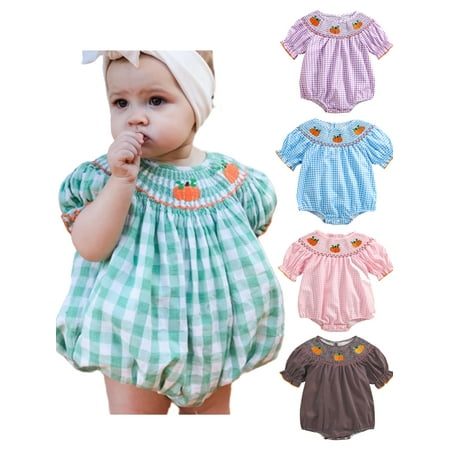 

Baby Sweetie Baby Girl Boy Halloween Fall Romper Pumpkin Embroidered Plaid Short Sleeve Ruffled Jumpsuits Cute Clothes