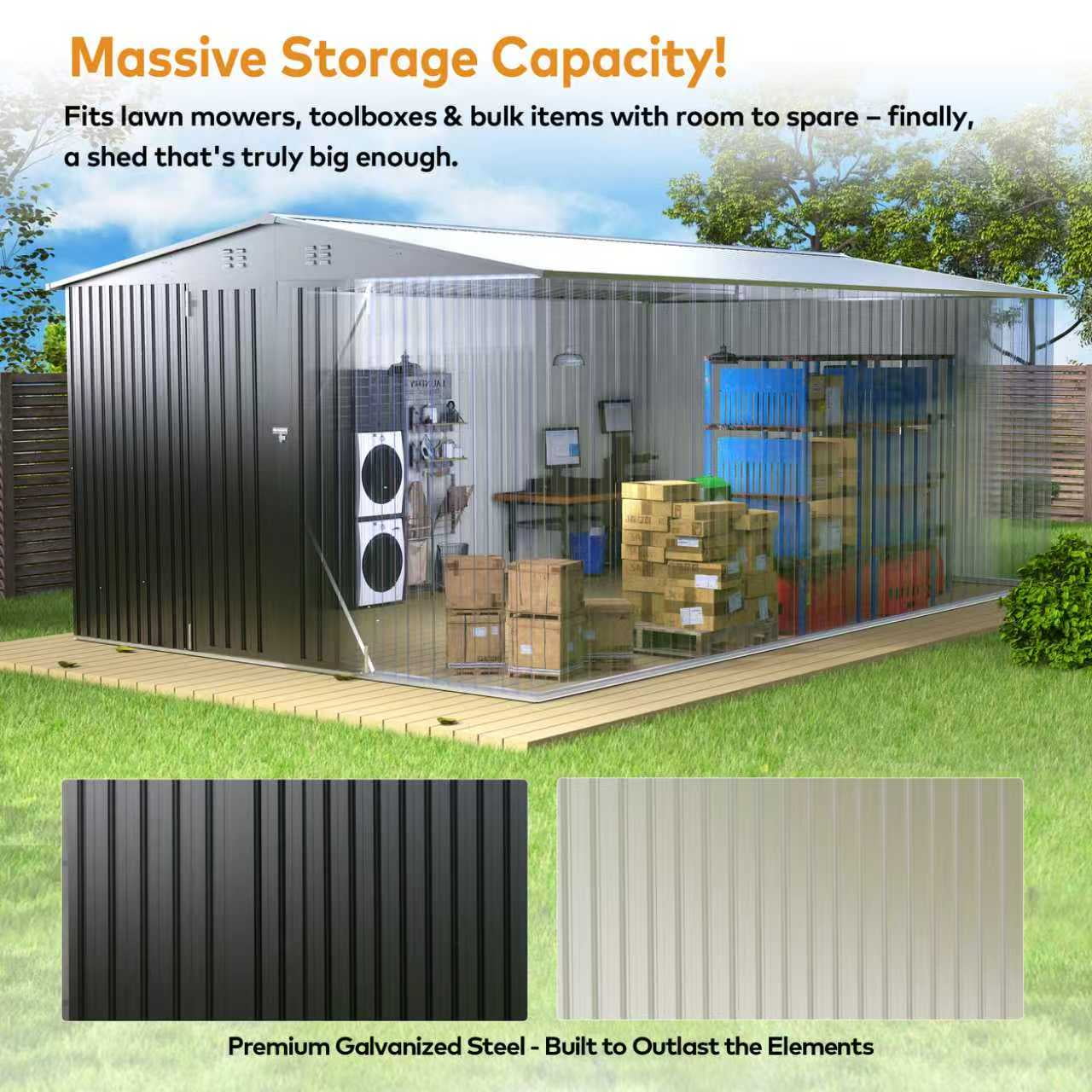 EasyHawk 10 ft x 14 ft Heavy-Duty Steel Outdoor Storage Shed with Lockable Doors for Backyard Use