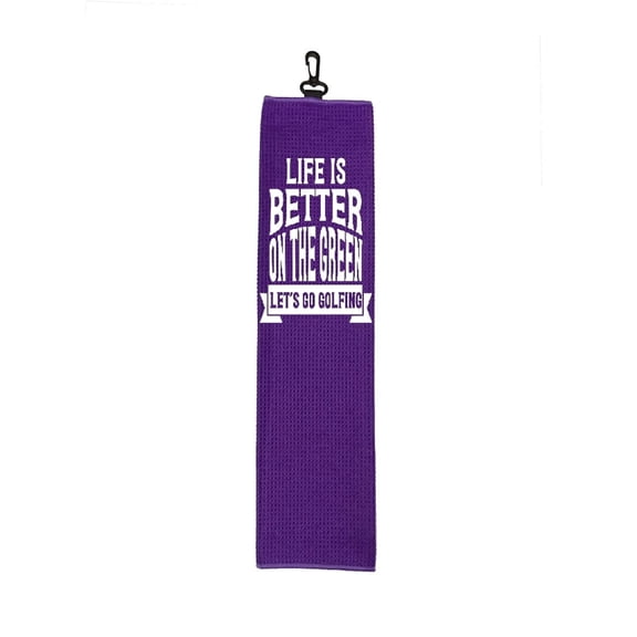 Life is Better on The Green Let's go Golfing White Vinyl on Purple Towel 16" x 22" Tri-Fold Looped Polyester Waffle Golf Towel with Swivel Clip for Golf Bag WGT017
