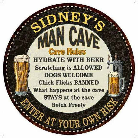 SIDNEY'S Man Cave Rules 14" Round Metal Sign Garage Wall Decor 100140010348