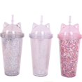 thumbnail image 2 of Vaso Glitter con Popote y Tapa con Orejas de Gato Gatito Transparente HappyWare 400ml Glitter Transparente, 2 of 3