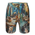 thumbnail image 3 of Honeii's Whimsical Cats Night Cafe Print Men's Casual Shorts with Drawstring，Swim Trunks Quick Dry Beach Shorts, 3 of 5
