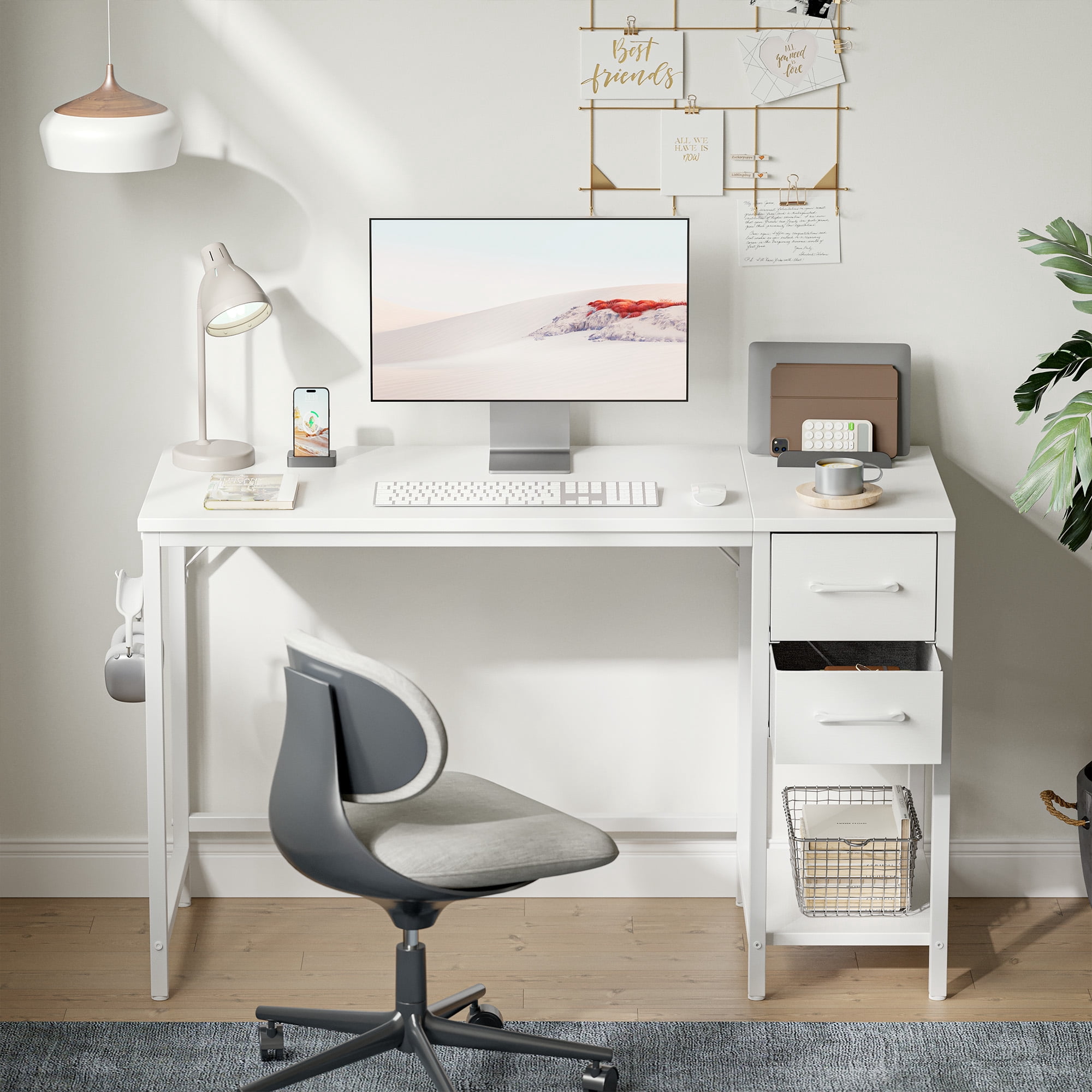 Banti 40" Modern Computer Desk with Drawers and Shelf, Reversible Storage, Small Study Table for Home Office, Bedroom or Dorm, White