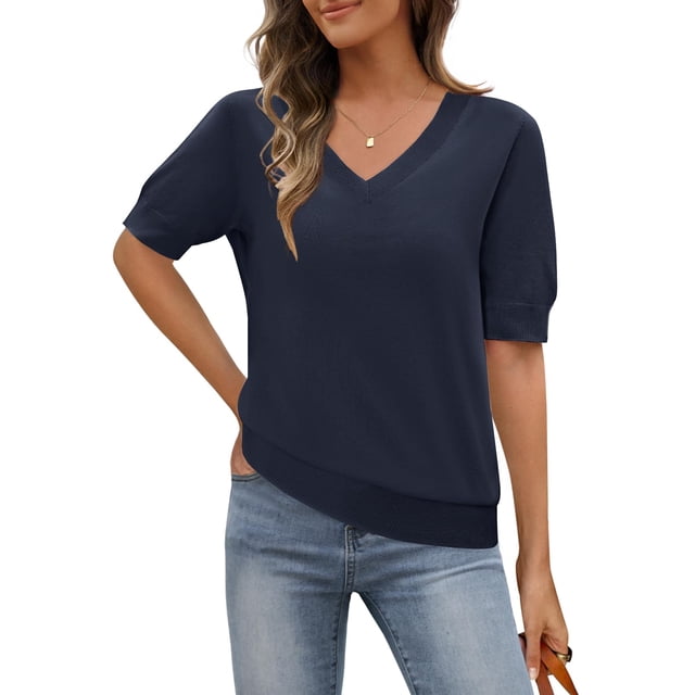 Camiseta MEROKEETY para mujer, manga corta, cuello en V, azul marino, XXL