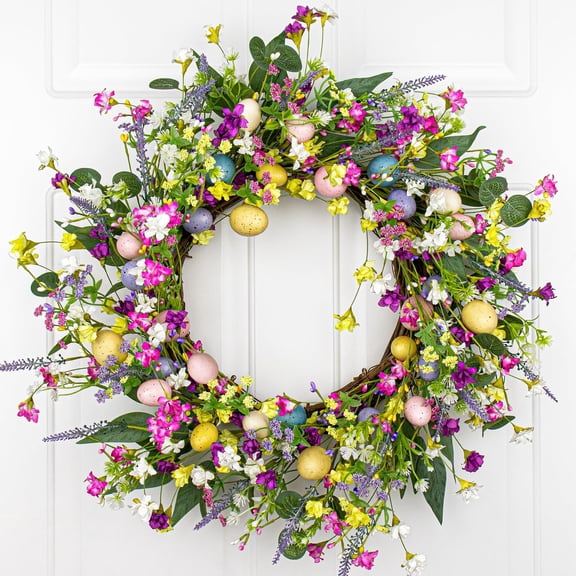 CoreLiving Easter Wreath for Front Door Decorations, Artificial Spring Wreath with Pastel Eggs Flowers and Eucalyptus Leaves for Outside Wall Window Decor, 18 Inch