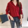 thumbnail image 2 of Camisa de punto Mujer Verano Manga larga Cuello en V Botón Suelto Casual Top, Rojo, XXL seitruly AP001361-05B, 2 of 7