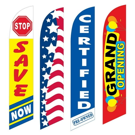 4 Advertising Swooper Flags Save Now Patriotic Certified Pre Owned Grand Opening