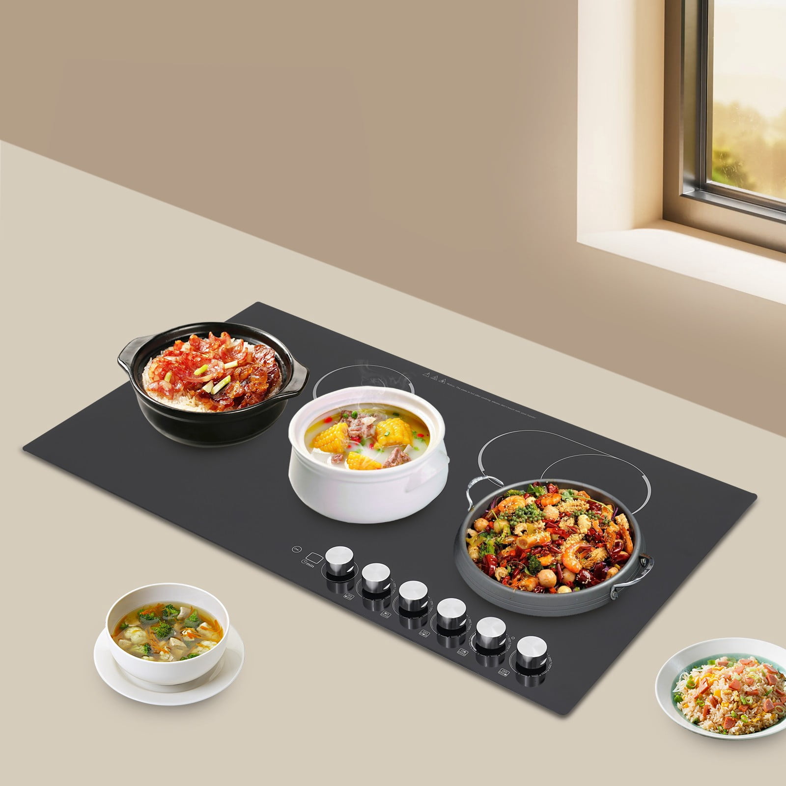 5 Burners 110V Electric Cooktop Knob Control Black Electric Stovetop for Kitchens Snack Bars Offices Hotels