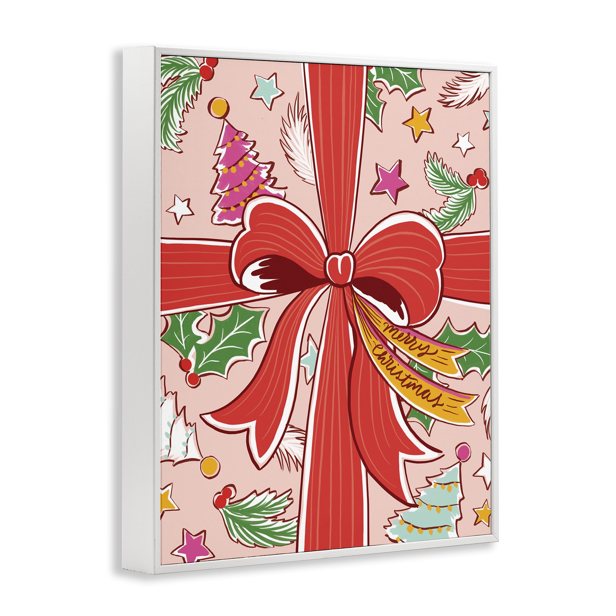 Stupell Industries Christmas Bow and Trees Holiday Painting White Framed Art Prints Wall Art, 16 x 20