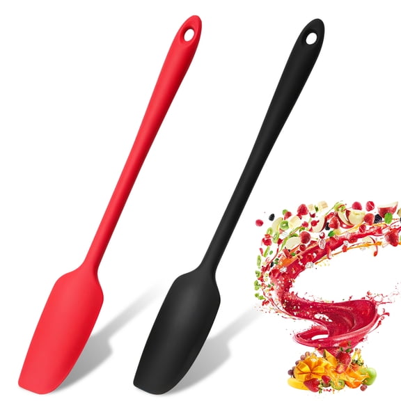 Long Handle Silicone Jar Spatula Kitchen Scraper Spatula Non-Stick Rubber Scraper Silicone Scraper for Jars, Smoothies, Blenders Cooking Baking Stirring Mixing (Red, Black,2 Pieces)