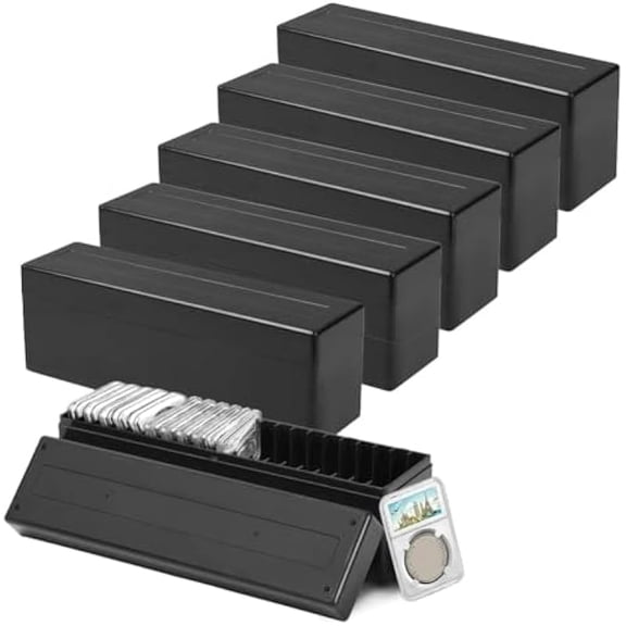 6 Pcs Coin Slab Storage Box, 20 Slots Graded Coin Storage Case, Black Plastic Slab Holder Organizer, Stackable Collector Box for Collectors, Home, Office, Bank Supplies, 10.4 x 2.8 x 3.5 in