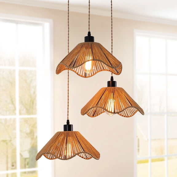 Ganeed 12'' Boho Light Fixtures 3 Light Boho Rattan Pendant Light Flush Mount Mini Chandelier Woven Hanging Light Fixture for Bedroom Hallway Entryway Nursery Kitchen Island