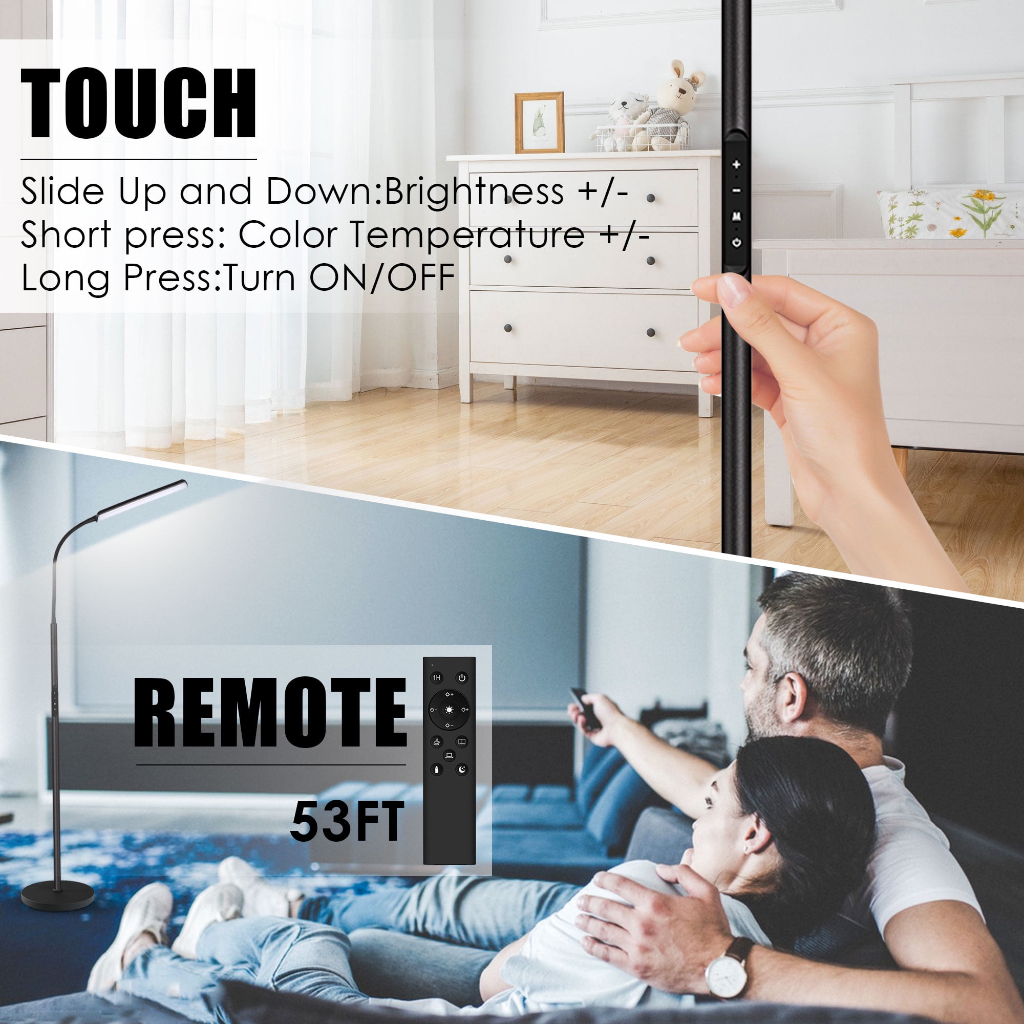 Kapwan LED Floor Lamps for Living Room,3 Color Dimmable Floor Lamp with Remote & Touch Control, Standing Lamp with 1H Timer for Bedroom Office Piano (Black Modern)