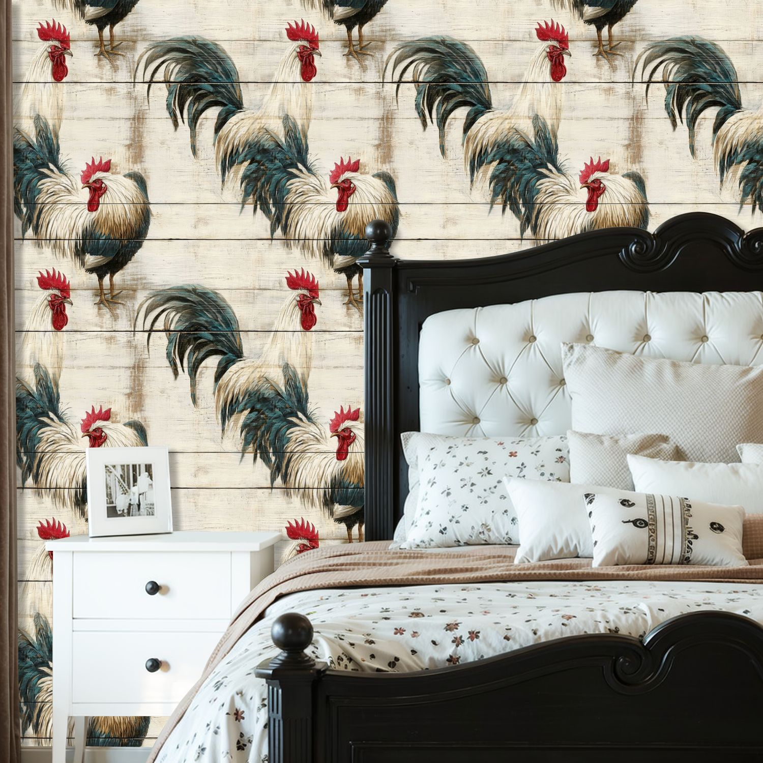 Farmhouse Peel and Stick Wallpaper 23.6in x 9.8ft Vintage Roosters Weathered Wood Planks Red Comb Contact Paper Vinyl Waterproof Self Adhesive Wall Paper for Bedroom Shelf Cabinet Renter Friendly