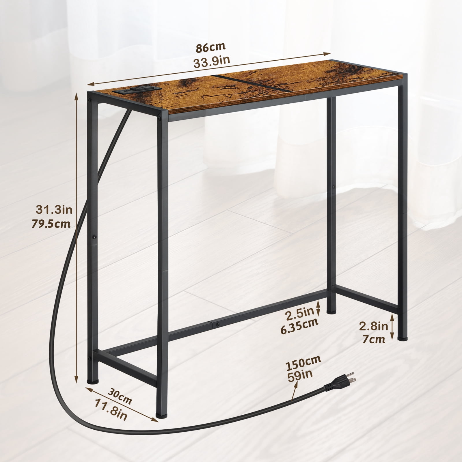Sofa Table with Charging Station, 33.9 Inch Narrow Console Table with 2 Outlets & 2 USB Ports, Entryway Hallway Table Behind Couch, Suitable for Living Room, Bedroom