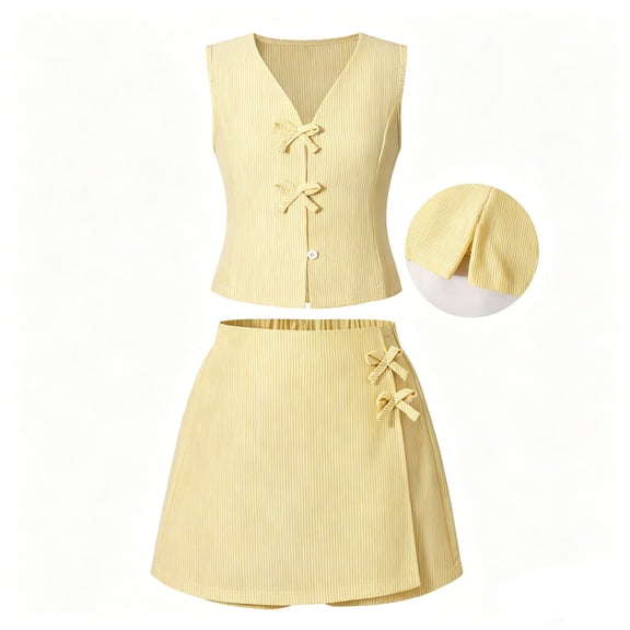 Tiijoy Summer Girls Casual Outfits V Neck Tank Top with Bow Shorts, Yellow, Sizes 9-10