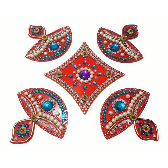 FineArt Handcrafted Decorative Diwali Rangoli Set Multicolor Jewel Stone/Kundan Decorations on Pink Acrylic Base 5 Piece Set - for Home Dcor