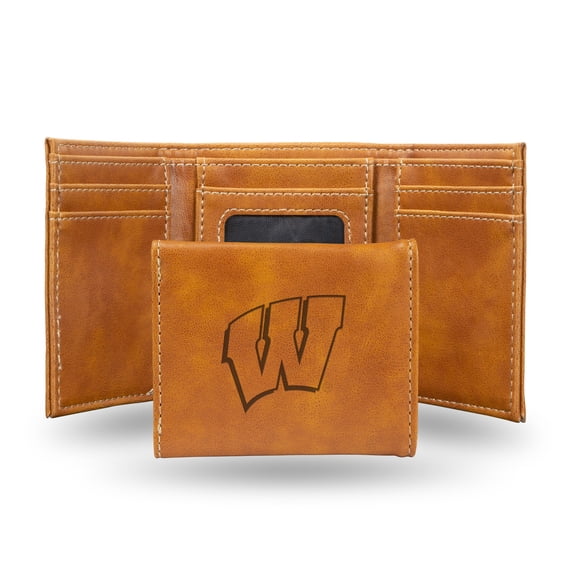 Wisconsin Badgers Laser Engraved Brown Synthetic Leather Trifold Wallet