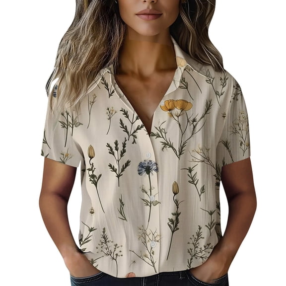 Womens Spring Summer Shirts Cotton Printed Fashion Casual Short Sleeve Shirts for Women