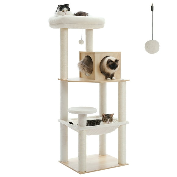 PAWZ Road 56.3" Wooden Cat Tree with Big Hammock and Wood Condo Cat Tower for Indoor Cats Beige