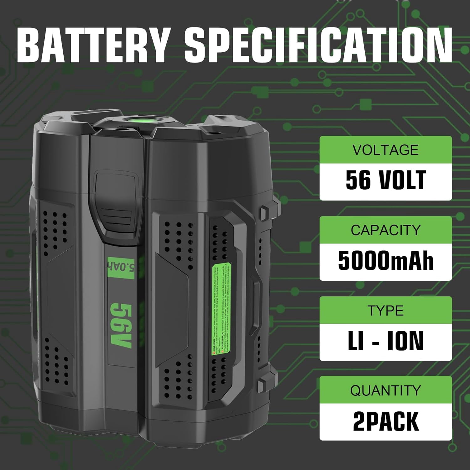 2 Pack 56 Volt 5000mAh High Capacity Replacement for EGO 56V Battery Compatible with EGO Battery Lithium Power Tools Compatible with BA2800 BA4200 BA4200T BA1400 BA1400T BA2240 Cordless Tool