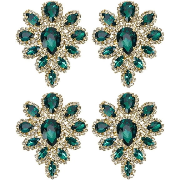 4PCS Rhinestone Applique Green Teardrop Shape Rhinestone Appliques Wedding Bridal Patches Fancy Beaded Flower Patch Women Fashion for Gifts Clothing Costume Decoration Gold
