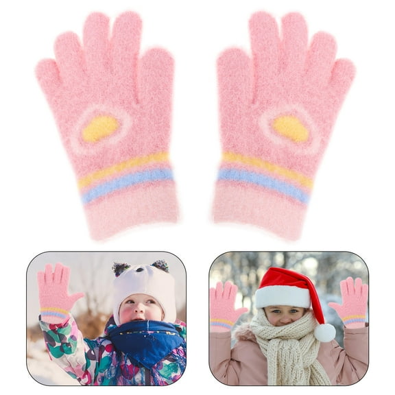 LOLIPPYY 1 Pair Winter Gloves Soft Knit Pink Plush Lining Warmth For Outdoor Activities Aged 3-5