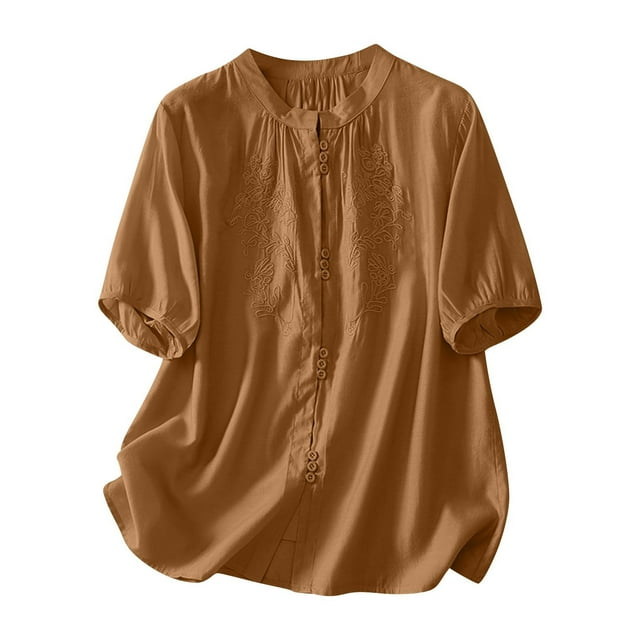 Zpanxa Embroidered Blouse with Stand Collar Linen-Look Fabric Short Sleeve