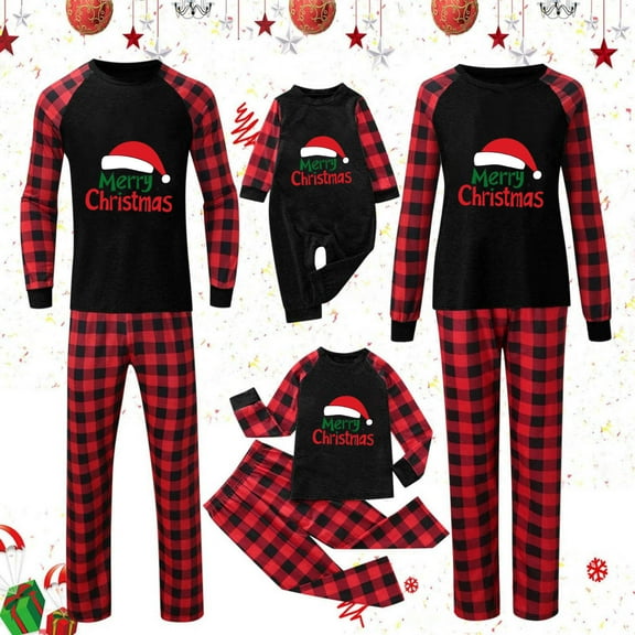 Odeerbi Christmas Pajamas for Family Plaid Holiday Long Sleeve Family Christmas Pajamas Matching Sets Mom Fashion Casual Plaid Print Tops Pants Sleepwear Family Matching PJs Set Black
