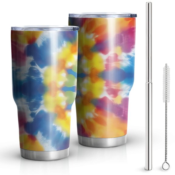 30oz Colorful Rainbow Tie Dye Spiral Pattern Tumblers Stainless Steel Tumbler with Lid and Straw,Vacuum Insulated Double Wall Travel Tumbler Cups Mug with Cleaning Brush for Coffee,Tea