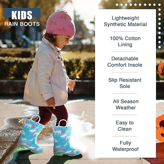 NORTY Girls Light Up PVC Waterproof Rain Boots Fun Colors Patterns Easy On Handles